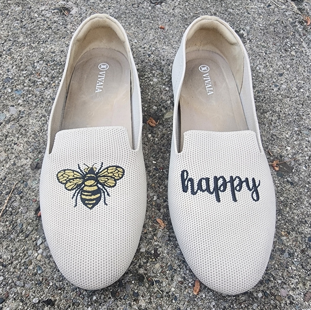 VIVAIA Beige Slip-On Shoes with Bee and Happy Embroidery